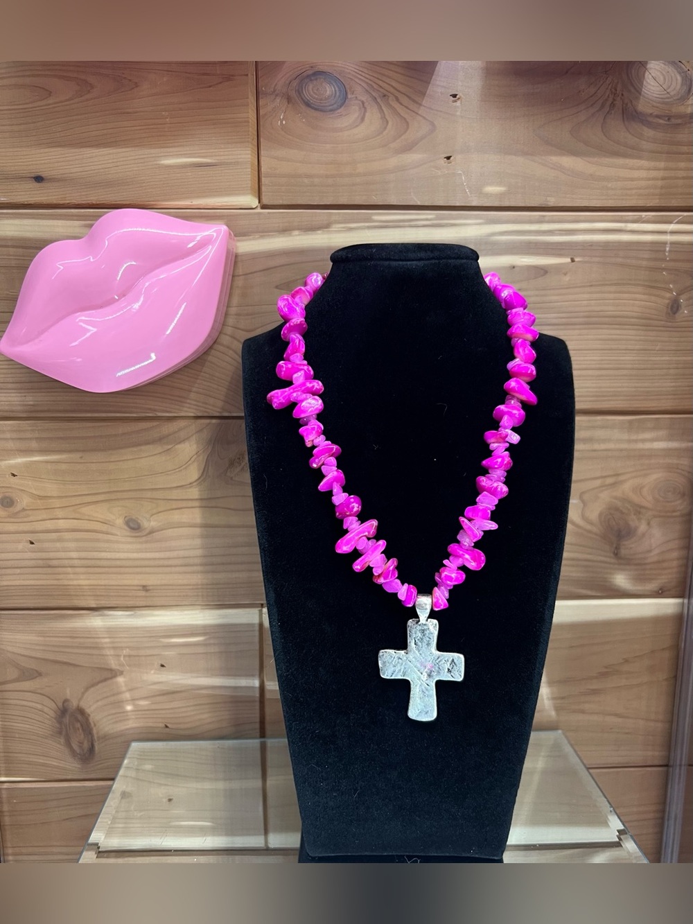 Free People Hot Pink Chip Necklace with Hammered Silver Cross - Picture 1 of 2